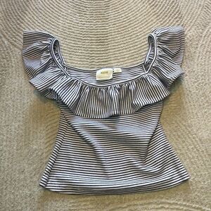 Maeve By Anthropologie Black & White Striped Ruffle Off-Shoulder Crop Top